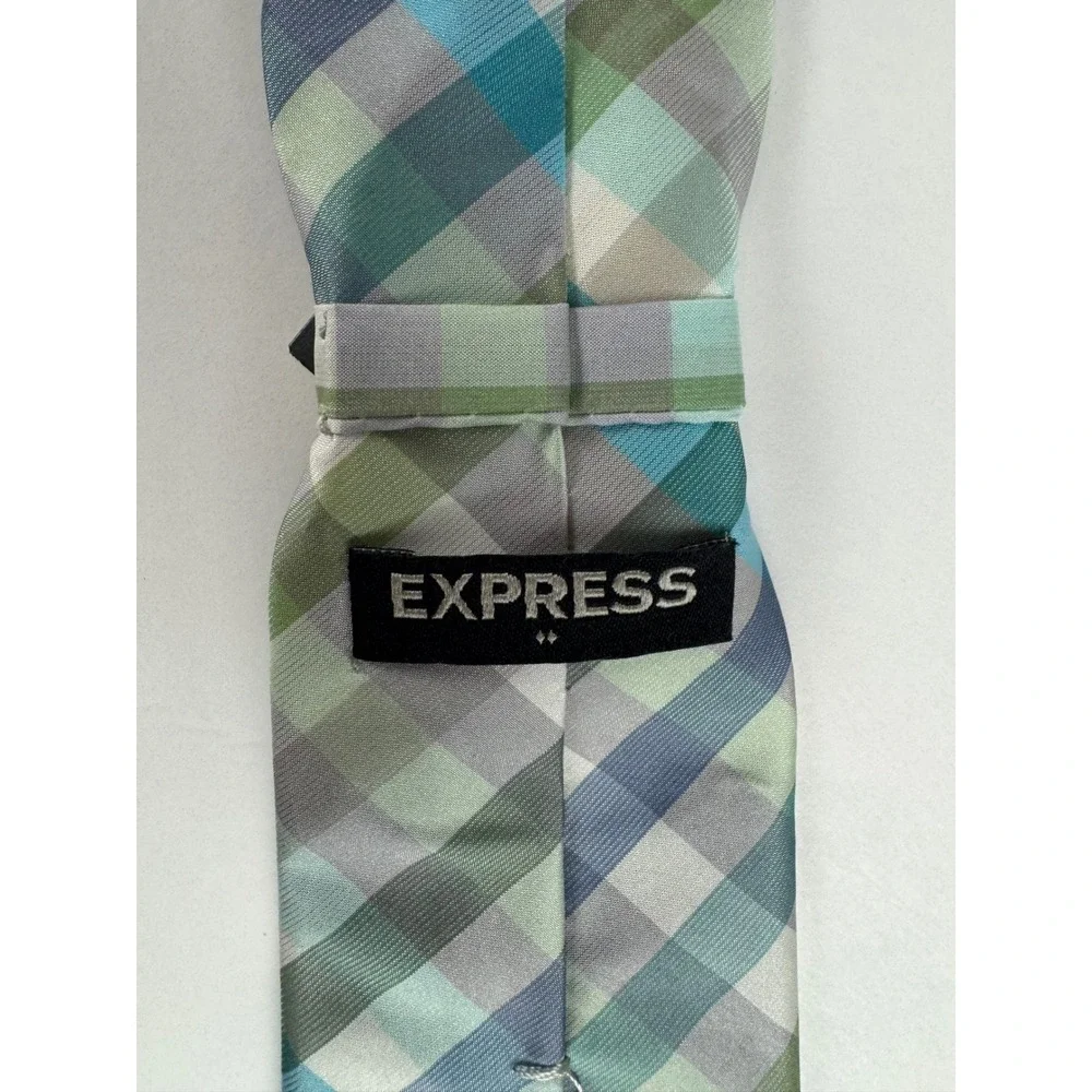 Express Mens Plaid Necktie Blue Green Grey Check Polyester New With Tags